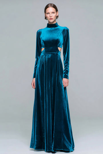 Peacock Blue A-Line Cut Out Maxi Holiday Dress With Long Sleeves